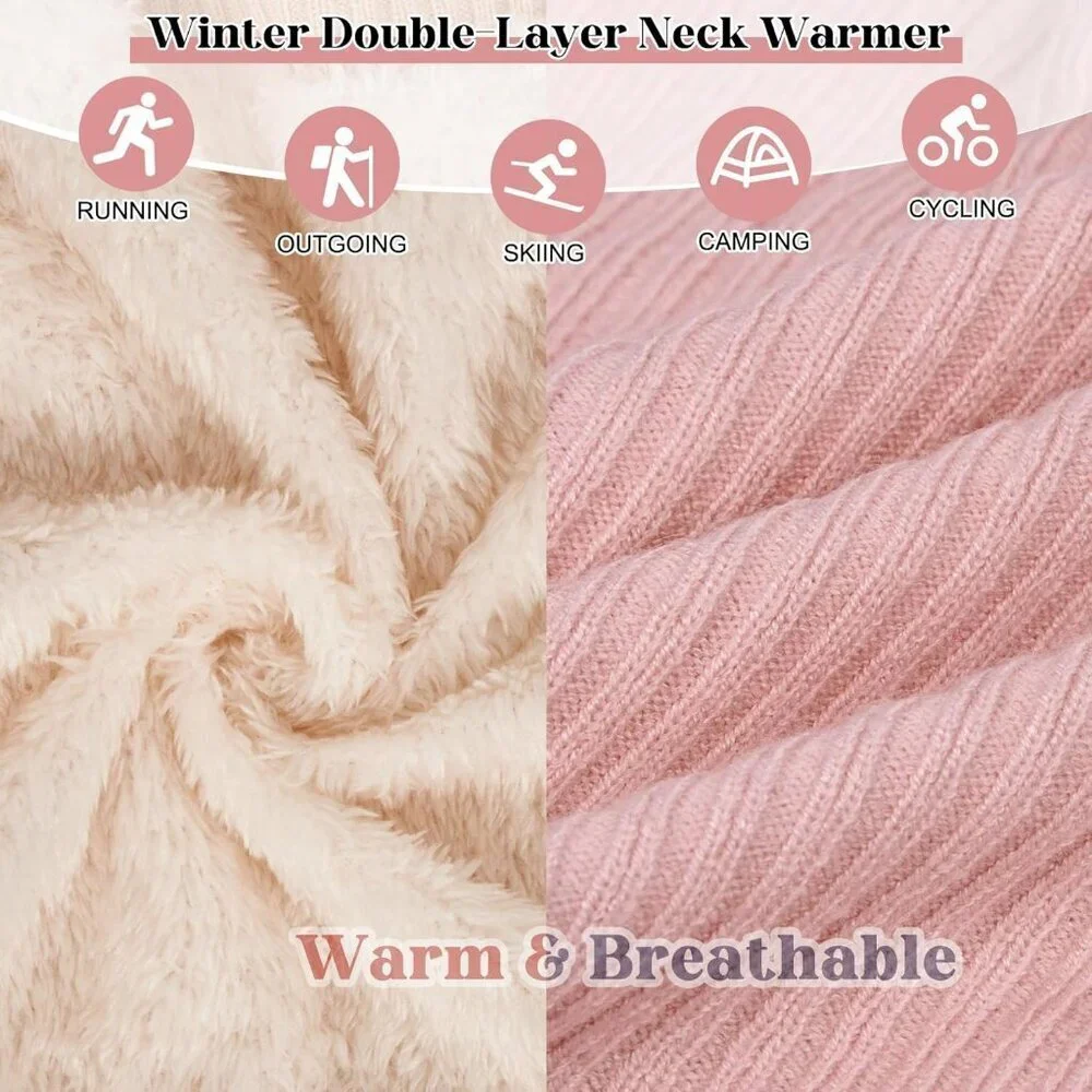 Women's Pink Scarf Winter Double-Layer Neck Warmer Knit Fleece Lined Circle